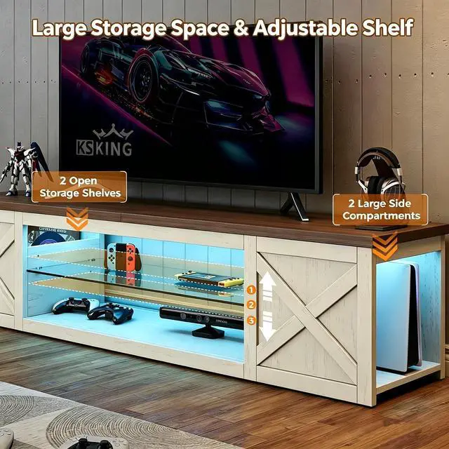 Alt view image 3 of 7 - Farmhouse TV Stand for TVs Up to 65" with LED Light Entertainment Center, Open Storage TV Cabinet for Living Room, White