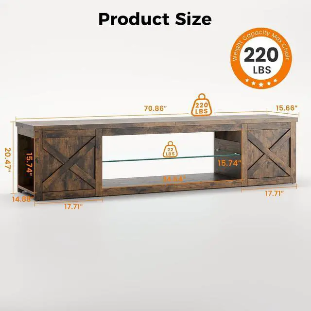 Alt view image 7 of 7 - Farmhouse TV Stand for TVs Up to 80" with LED Light Entertainment Center, Open Storage TV Cabinet for Living Room, Brown