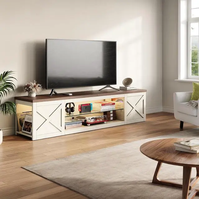 Alt view image 6 of 7 - Farmhouse TV Stand for TVs Up to 65" with LED Light Entertainment Center, Open Storage TV Cabinet for Living Room, White