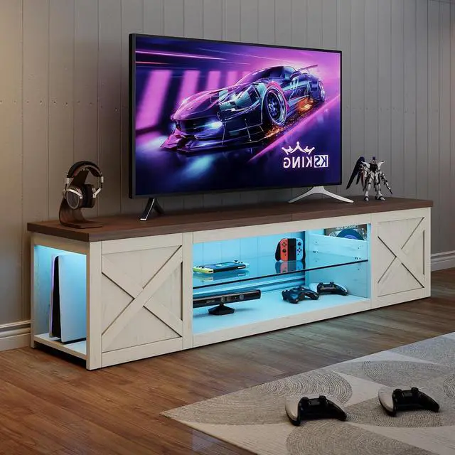 Alt view image 7 of 7 - Farmhouse TV Stand for TVs Up to 65" with LED Light Entertainment Center, Open Storage TV Cabinet for Living Room, White