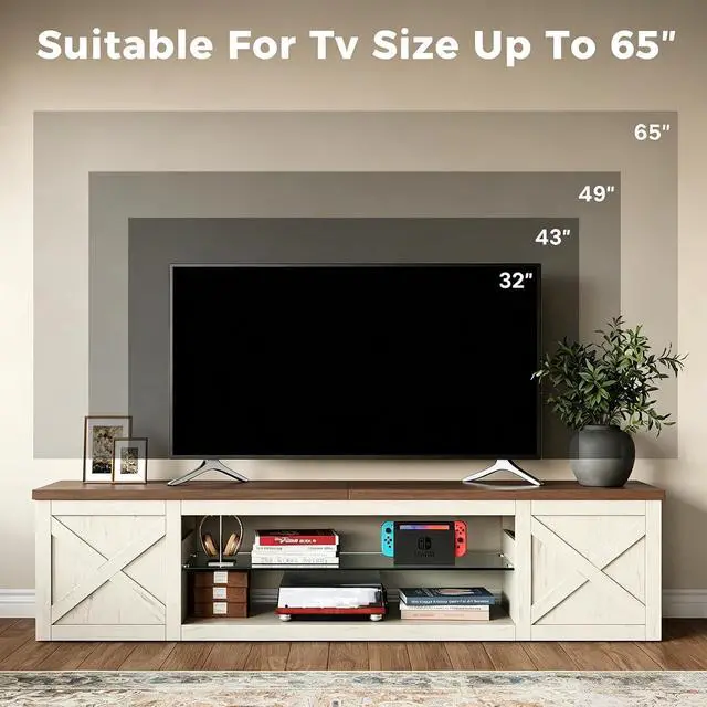 Alt view image 4 of 7 - Farmhouse TV Stand for TVs Up to 65" with LED Light Entertainment Center, Open Storage TV Cabinet for Living Room, White