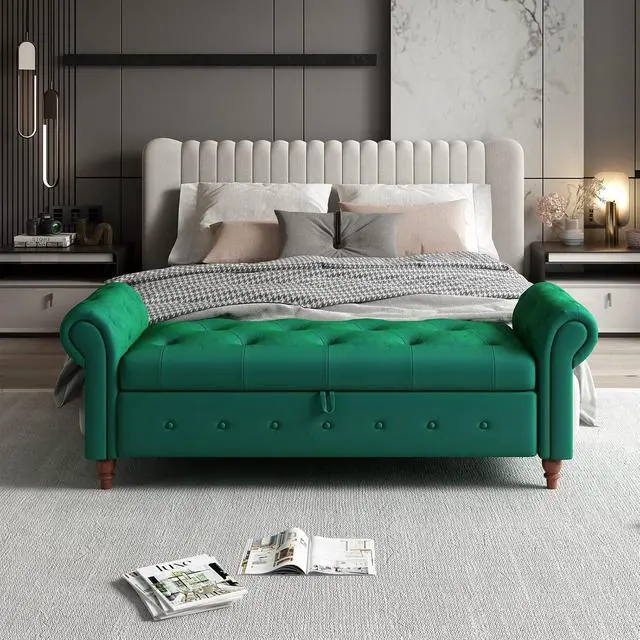 Alt view image 5 of 6 - 63" Tufted Storage Bench for Bedroom End of Bed,Velvet Upholstered Storage Ottoman Bench for Bedroom,Rolled Arm Window Bench Seat with Solid Wood Legs(Green)