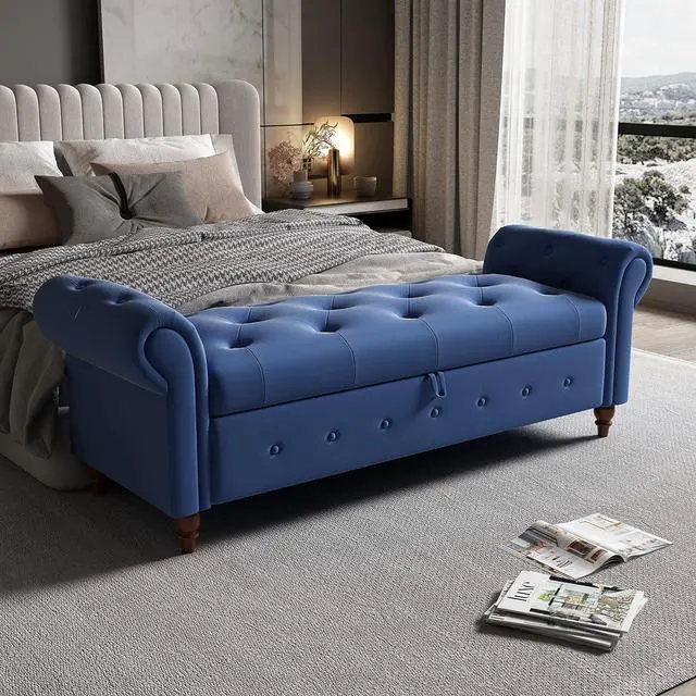 Main image of 63" Tufted Storage Bench for Bedroom End of Bed,Upholstered Storage Ottoman Bench for Bedroom,Rolled Arm Window Bench Seatwith with Solid Wood Legs(Blue)