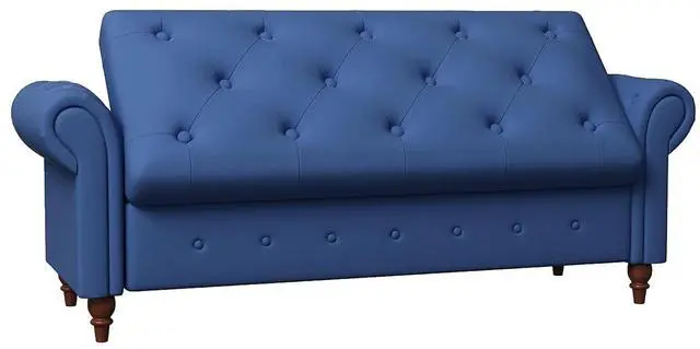 Alt view image 4 of 6 - 63" Tufted Storage Bench for Bedroom End of Bed,Upholstered Storage Ottoman Bench for Bedroom,Rolled Arm Window Bench Seatwith with Solid Wood Legs(Blue)