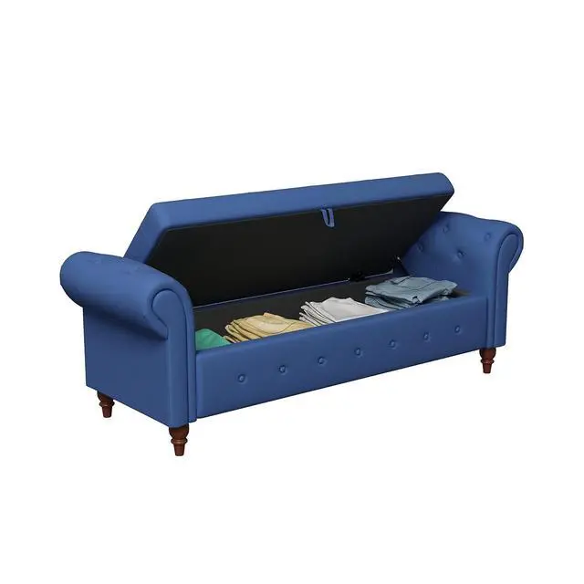 Alt view image 6 of 6 - 63" Tufted Storage Bench for Bedroom End of Bed,Upholstered Storage Ottoman Bench for Bedroom,Rolled Arm Window Bench Seatwith with Solid Wood Legs(Blue)