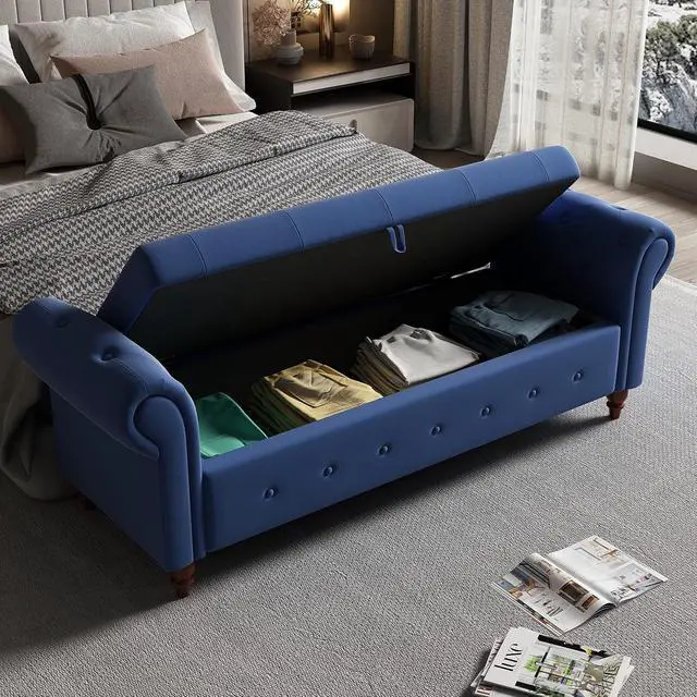 Alt view image 3 of 6 - 63" Tufted Storage Bench for Bedroom End of Bed,Upholstered Storage Ottoman Bench for Bedroom,Rolled Arm Window Bench Seatwith with Solid Wood Legs(Blue)