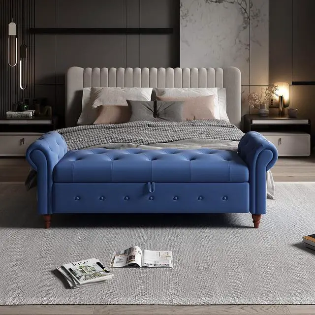 Alt view image 5 of 6 - 63" Tufted Storage Bench for Bedroom End of Bed,Upholstered Storage Ottoman Bench for Bedroom,Rolled Arm Window Bench Seatwith with Solid Wood Legs(Blue)