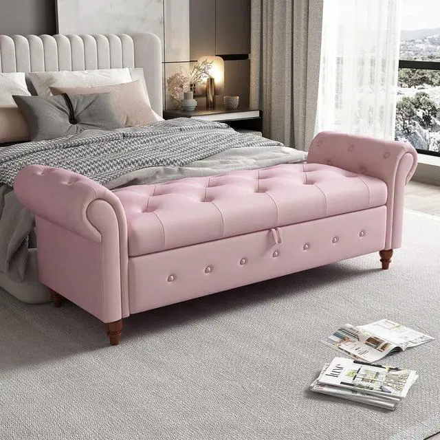 Main image of 63" Tufted Storage Bench for Bedroom End of Bed,Velvet Upholstered Storage Ottoman Bench for Bedroom,Rolled Arm Window Bench Seat with Solid Wood Legs(Pink)