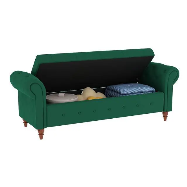 Alt view image 6 of 6 - 63" Tufted Storage Bench for Bedroom End of Bed,Velvet Upholstered Storage Ottoman Bench for Bedroom,Rolled Arm Window Bench Seat with Solid Wood Legs(Green)