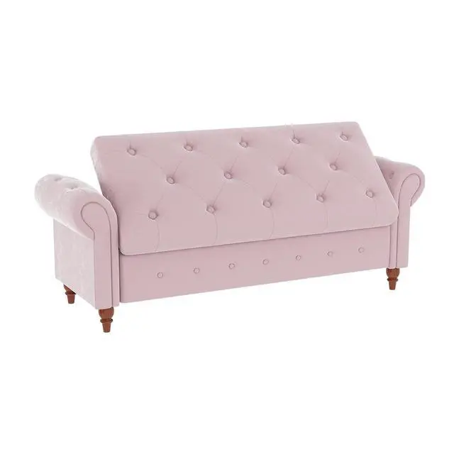 Alt view image 4 of 6 - 63" Tufted Storage Bench for Bedroom End of Bed,Velvet Upholstered Storage Ottoman Bench for Bedroom,Rolled Arm Window Bench Seat with Solid Wood Legs(Pink)