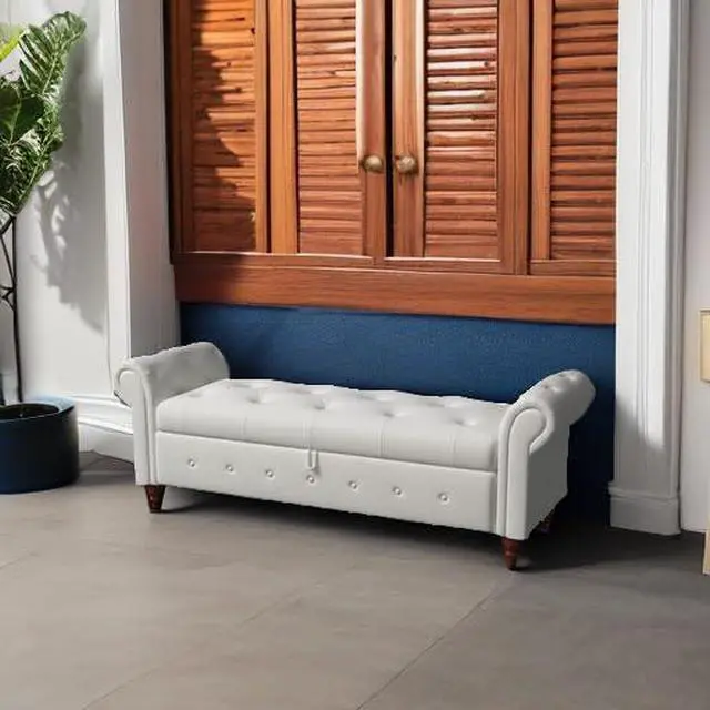Alt view image 5 of 7 - 63" Tufted Storage Bench for Bedroom End of Bed,Upholstered Storage Ottoman Bench for Bedroom,Rolled Arm Window Bench Seatwith with Solid Wood Legs(Beige)