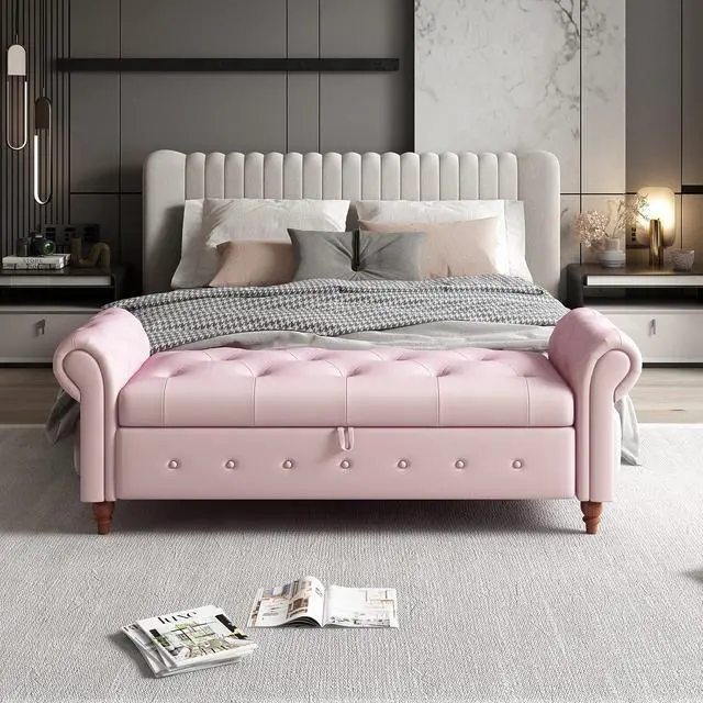 Alt view image 5 of 6 - 63" Tufted Storage Bench for Bedroom End of Bed,Velvet Upholstered Storage Ottoman Bench for Bedroom,Rolled Arm Window Bench Seat with Solid Wood Legs(Pink)
