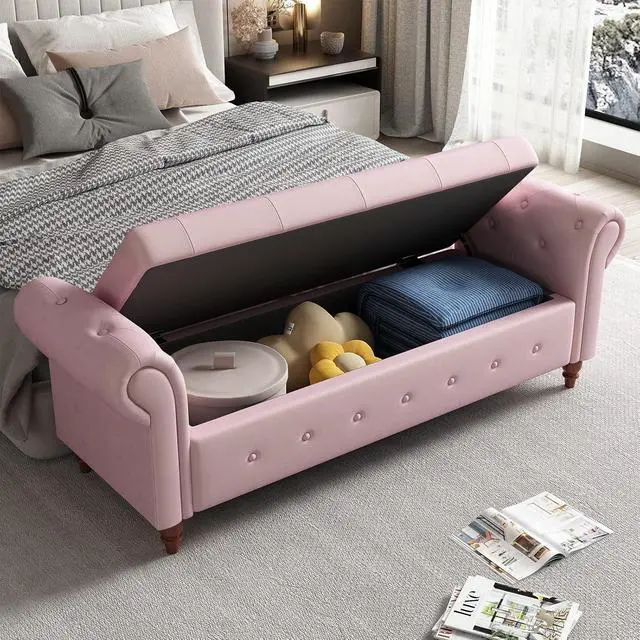 Alt view image 3 of 6 - 63" Tufted Storage Bench for Bedroom End of Bed,Velvet Upholstered Storage Ottoman Bench for Bedroom,Rolled Arm Window Bench Seat with Solid Wood Legs(Pink)