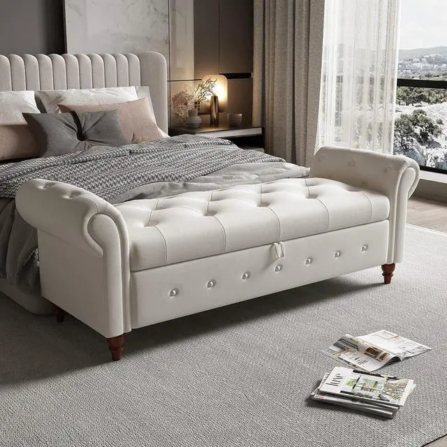 Main image of 63" Tufted Storage Bench for Bedroom End of Bed,Upholstered Storage Ottoman Bench for Bedroom,Rolled Arm Window Bench Seatwith with Solid Wood Legs(Beige)