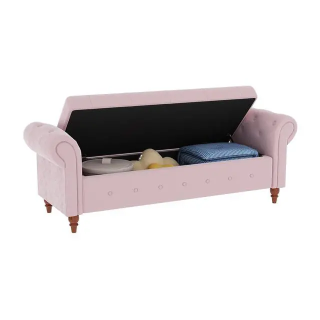Alt view image 6 of 6 - 63" Tufted Storage Bench for Bedroom End of Bed,Velvet Upholstered Storage Ottoman Bench for Bedroom,Rolled Arm Window Bench Seat with Solid Wood Legs(Pink)