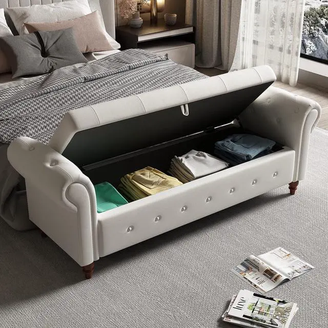 Alt view image 3 of 7 - 63" Tufted Storage Bench for Bedroom End of Bed,Upholstered Storage Ottoman Bench for Bedroom,Rolled Arm Window Bench Seatwith with Solid Wood Legs(Beige)