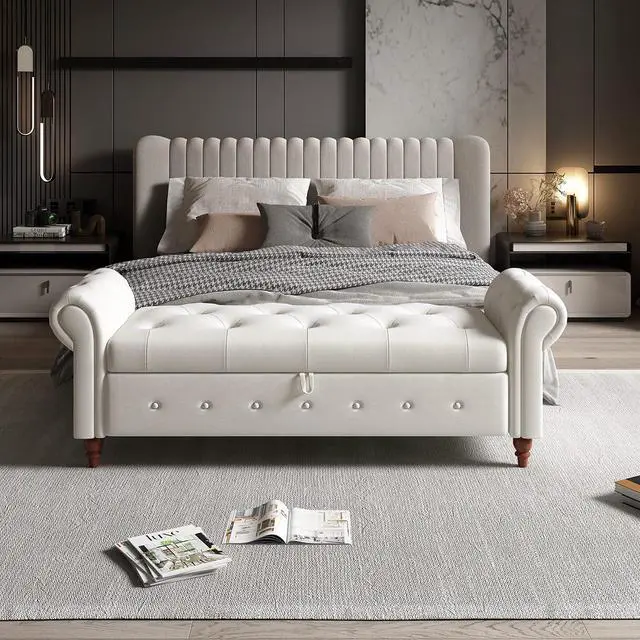 Alt view image 6 of 7 - 63" Tufted Storage Bench for Bedroom End of Bed,Upholstered Storage Ottoman Bench for Bedroom,Rolled Arm Window Bench Seatwith with Solid Wood Legs(Beige)