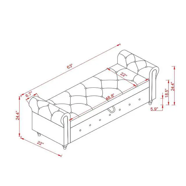 Alt view image 2 of 6 - 63" Tufted Storage Bench for Bedroom End of Bed,Velvet Upholstered Storage Ottoman Bench for Bedroom,Rolled Arm Window Bench Seat with Solid Wood Legs(Green)