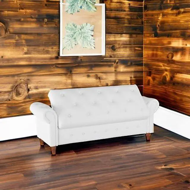 Alt view image 5 of 7 - 63'' Tufted Storage Bench for Bedroom End of Bed,Upholstered Storage Ottoman Bench for Bedroom,Rolled Arm Window Bench Seat with Solid Wood Legs(Linen Fabric-White), L63''x W22'' x H24.4''