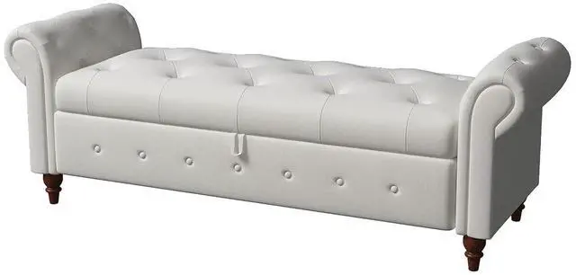 Alt view image 7 of 7 - 63" Tufted Storage Bench for Bedroom End of Bed,Upholstered Storage Ottoman Bench for Bedroom,Rolled Arm Window Bench Seatwith with Solid Wood Legs(Beige)