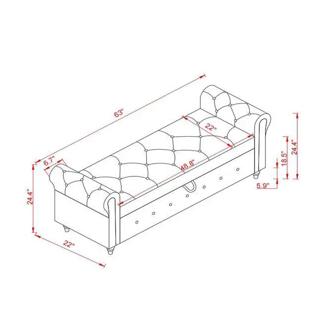 Alt view image 2 of 6 - 63" Tufted Storage Bench for Bedroom End of Bed,Upholstered Storages Ottoman Benchs for livingroom,Rolled Arm Window BenchSeat with Solid Wood Legs(Grey)
