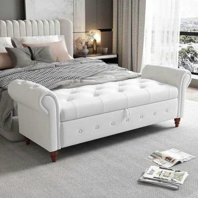 Main image of 63'' Tufted Storage Bench for Bedroom End of Bed,Upholstered Storage Ottoman Bench for Bedroom,Rolled Arm Window Bench Seat with Solid Wood Legs(Linen Fabric-White), L63''x W22'' x H24.4''