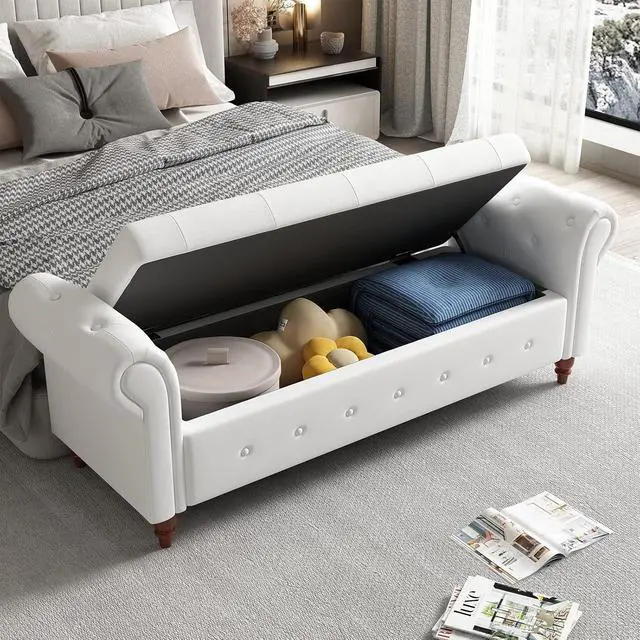 Alt view image 3 of 7 - 63'' Tufted Storage Bench for Bedroom End of Bed,Upholstered Storage Ottoman Bench for Bedroom,Rolled Arm Window Bench Seat with Solid Wood Legs(Linen Fabric-White), L63''x W22'' x H24.4''