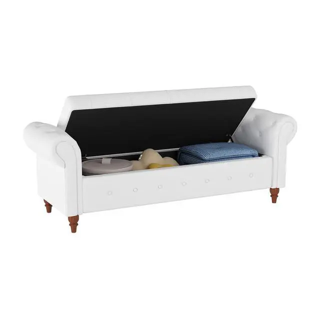 Alt view image 7 of 7 - 63'' Tufted Storage Bench for Bedroom End of Bed,Upholstered Storage Ottoman Bench for Bedroom,Rolled Arm Window Bench Seat with Solid Wood Legs(Linen Fabric-White), L63''x W22'' x H24.4''