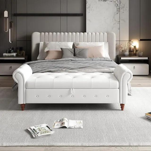 Alt view image 6 of 7 - 63'' Tufted Storage Bench for Bedroom End of Bed,Upholstered Storage Ottoman Bench for Bedroom,Rolled Arm Window Bench Seat with Solid Wood Legs(Linen Fabric-White), L63''x W22'' x H24.4''