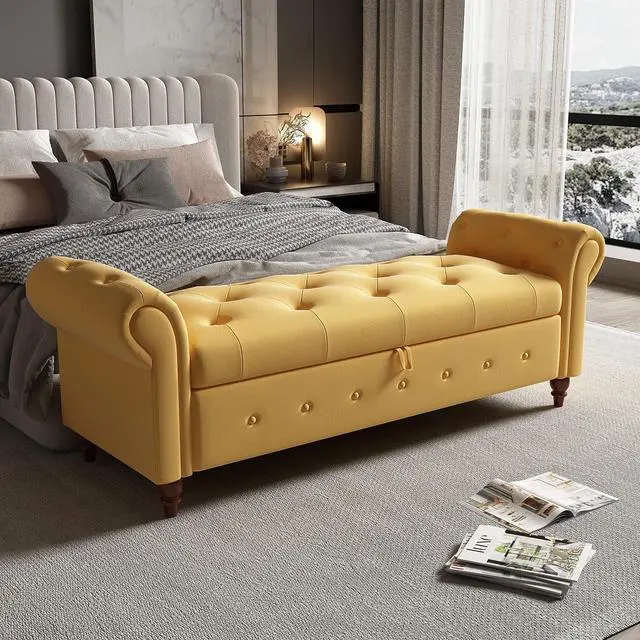 Main image of 63" Tufted Storage Bench for Bedroom End of Bed,Upholstered Storage Ottoman Bench for Bedroom,Rolled Arm Window Bench Seatwith with Solid Wood Legs(Yellow)