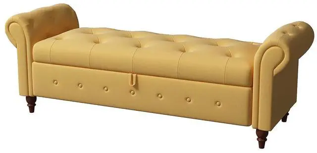 Alt view image 6 of 6 - 63" Tufted Storage Bench for Bedroom End of Bed,Upholstered Storage Ottoman Bench for Bedroom,Rolled Arm Window Bench Seatwith with Solid Wood Legs(Yellow)