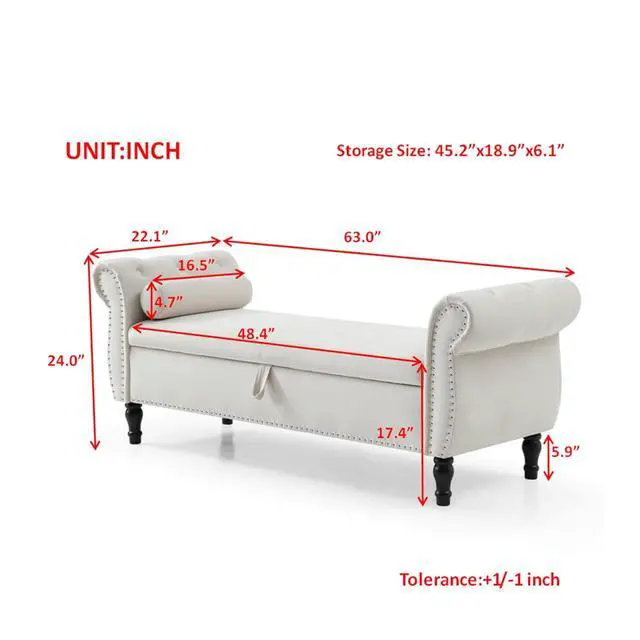 Alt view image 2 of 7 - Storage Bench for Bedroom End of Bed, 63" Long Velvet Tufted Upholstered Storage Ottoman Bench for Bedroom, Rolled Arm Nailhead Trim with Pillow(Beige)