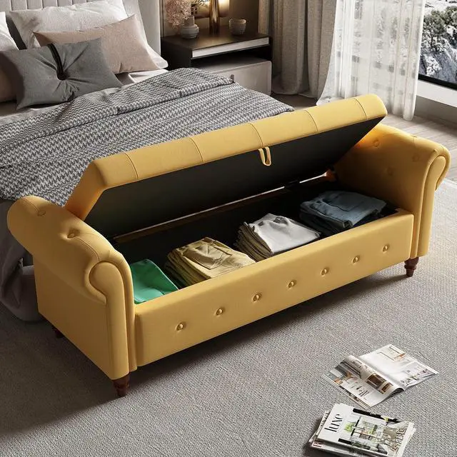 Alt view image 3 of 6 - 63" Tufted Storage Bench for Bedroom End of Bed,Upholstered Storage Ottoman Bench for Bedroom,Rolled Arm Window Bench Seatwith with Solid Wood Legs(Yellow)