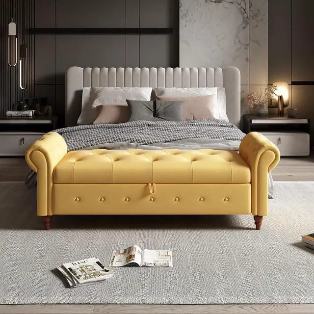 Alt view image 5 of 6 - 63" Tufted Storage Bench for Bedroom End of Bed,Upholstered Storage Ottoman Bench for Bedroom,Rolled Arm Window Bench Seatwith with Solid Wood Legs(Yellow)