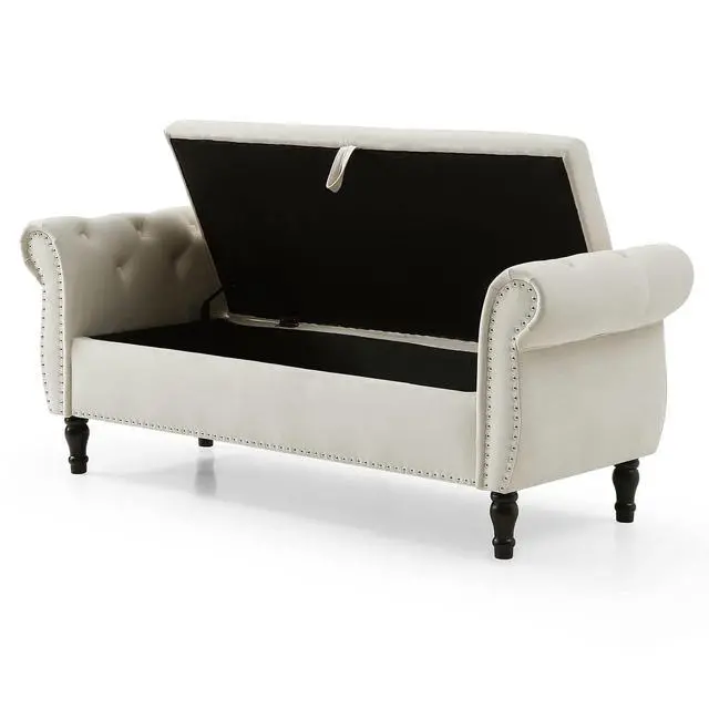 Alt view image 3 of 7 - Storage Bench for Bedroom End of Bed, 63" Long Velvet Tufted Upholstered Storage Ottoman Bench for Bedroom, Rolled Arm Nailhead Trim with Pillow(Beige)