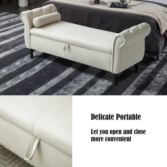 Alt view image 5 of 7 - Storage Bench for Bedroom End of Bed, 63" Long Velvet Tufted Upholstered Storage Ottoman Bench for Bedroom, Rolled Arm Nailhead Trim with Pillow(Beige)
