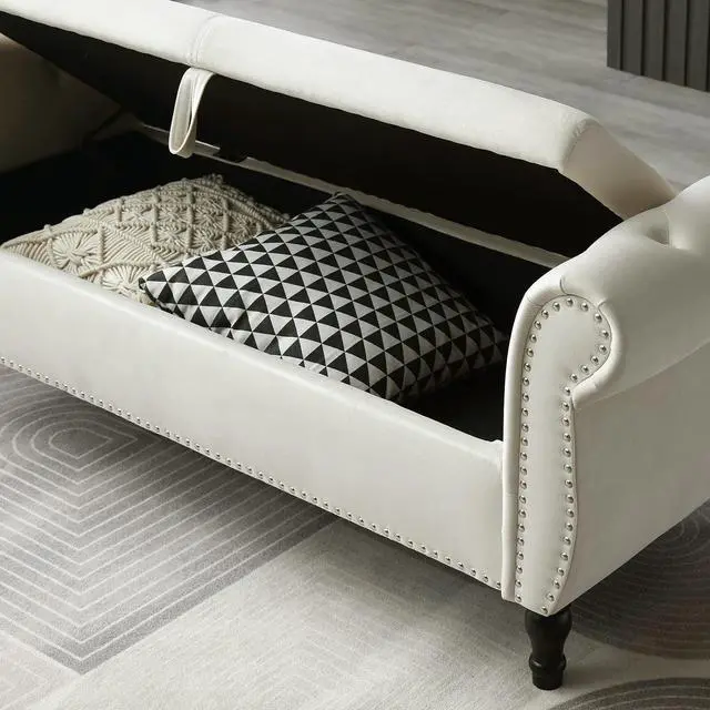Alt view image 6 of 7 - Storage Bench for Bedroom End of Bed, 63" Long Velvet Tufted Upholstered Storage Ottoman Bench for Bedroom, Rolled Arm Nailhead Trim with Pillow(Beige)
