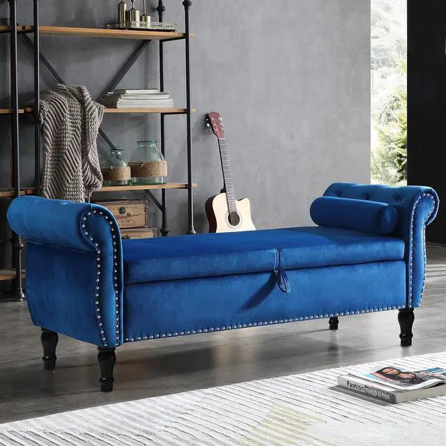 Main image of Storage Bench for Bedroom End of Bed, 63" Long Velvet Tufted Upholstered Storage Ottoman Bench for Bedroom, Rolled Arm Nailhead Trim with Pillow(Blue)