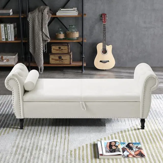 Alt view image 7 of 7 - Storage Bench for Bedroom End of Bed, 63" Long Velvet Tufted Upholstered Storage Ottoman Bench for Bedroom, Rolled Arm Nailhead Trim with Pillow(Beige)