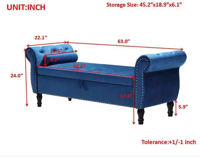 Alt view image 2 of 7 - Storage Bench for Bedroom End of Bed, 63" Long Velvet Tufted Upholstered Storage Ottoman Bench for Bedroom, Rolled Arm Nailhead Trim with Pillow(Blue)