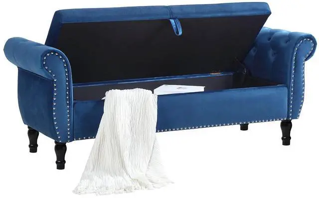 Alt view image 4 of 7 - Storage Bench for Bedroom End of Bed, 63" Long Velvet Tufted Upholstered Storage Ottoman Bench for Bedroom, Rolled Arm Nailhead Trim with Pillow(Blue)