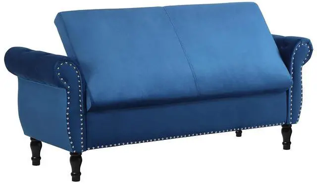 Alt view image 5 of 7 - Storage Bench for Bedroom End of Bed, 63" Long Velvet Tufted Upholstered Storage Ottoman Bench for Bedroom, Rolled Arm Nailhead Trim with Pillow(Blue)