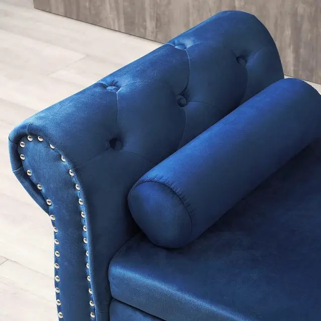 Alt view image 6 of 7 - Storage Bench for Bedroom End of Bed, 63" Long Velvet Tufted Upholstered Storage Ottoman Bench for Bedroom, Rolled Arm Nailhead Trim with Pillow(Blue)