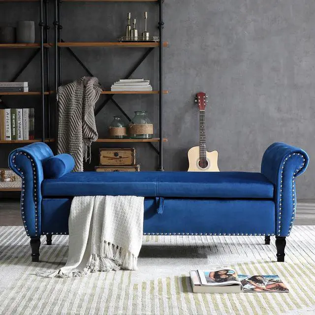 Alt view image 3 of 7 - Storage Bench for Bedroom End of Bed, 63" Long Velvet Tufted Upholstered Storage Ottoman Bench for Bedroom, Rolled Arm Nailhead Trim with Pillow(Blue)
