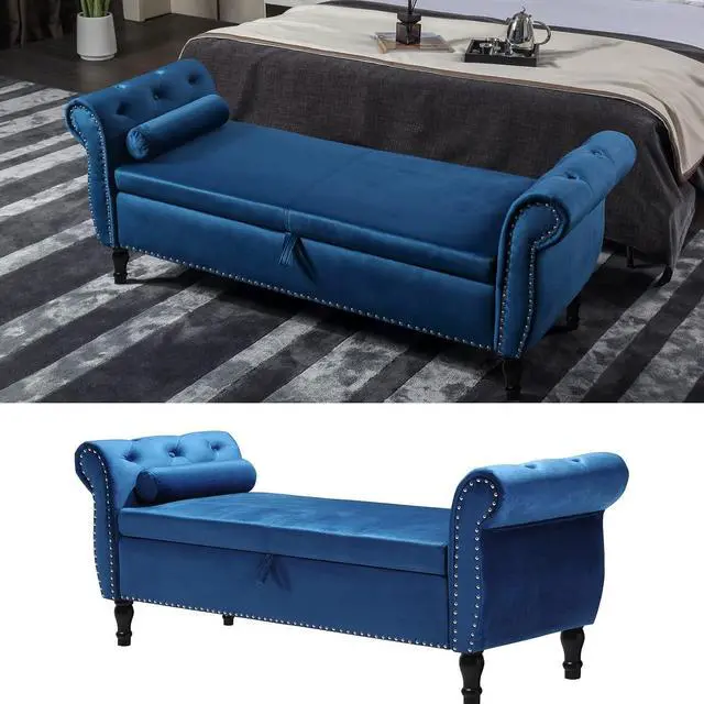 Alt view image 7 of 7 - Storage Bench for Bedroom End of Bed, 63" Long Velvet Tufted Upholstered Storage Ottoman Bench for Bedroom, Rolled Arm Nailhead Trim with Pillow(Blue)