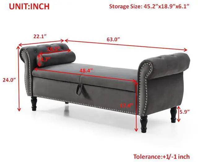 Alt view image 2 of 7 - Storage Bench for Bedroom End of Bed, 63" Long Velvet Tufted Upholstered Storage Ottoman Bench for Bedroom, Rolled Arm Nailhead Trim with Pillow(Grey)