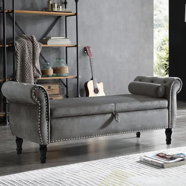 Main image of Storage Bench for Bedroom End of Bed, 63" Long Velvet Tufted Upholstered Storage Ottoman Bench for Bedroom, Rolled Arm Nailhead Trim with Pillow(Grey)