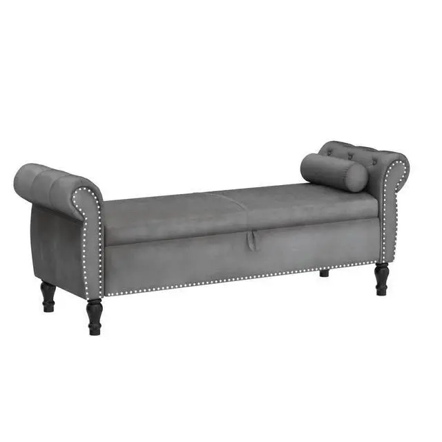 Alt view image 5 of 7 - Storage Bench for Bedroom End of Bed, 63" Long Velvet Tufted Upholstered Storage Ottoman Bench for Bedroom, Rolled Arm Nailhead Trim with Pillow(Grey)