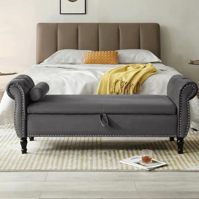 Alt view image 3 of 7 - Storage Bench for Bedroom End of Bed, 63" Long Velvet Tufted Upholstered Storage Ottoman Bench for Bedroom, Rolled Arm Nailhead Trim with Pillow(Grey)