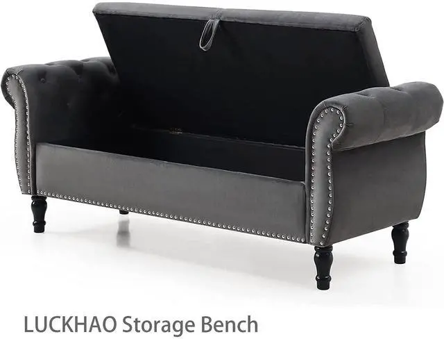 Alt view image 4 of 7 - Storage Bench for Bedroom End of Bed, 63" Long Velvet Tufted Upholstered Storage Ottoman Bench for Bedroom, Rolled Arm Nailhead Trim with Pillow(Grey)